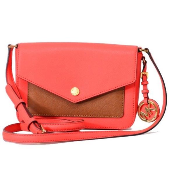 NWT MICHAEL KORS GREENWICH COLOR POCKET SMALL FLAP CROSSBODY Red/Brown/Orange - Picture 1 of 7